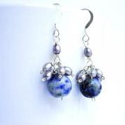 Cloudy blue sky. Gray pearls and Sodalite Earrings.
