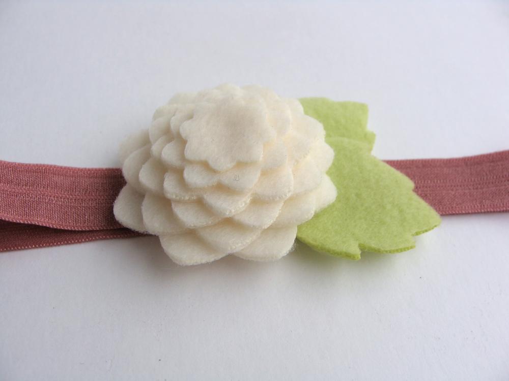 Baby Elastic Headband With Ivory Flower Over Duty Rose Pink Band