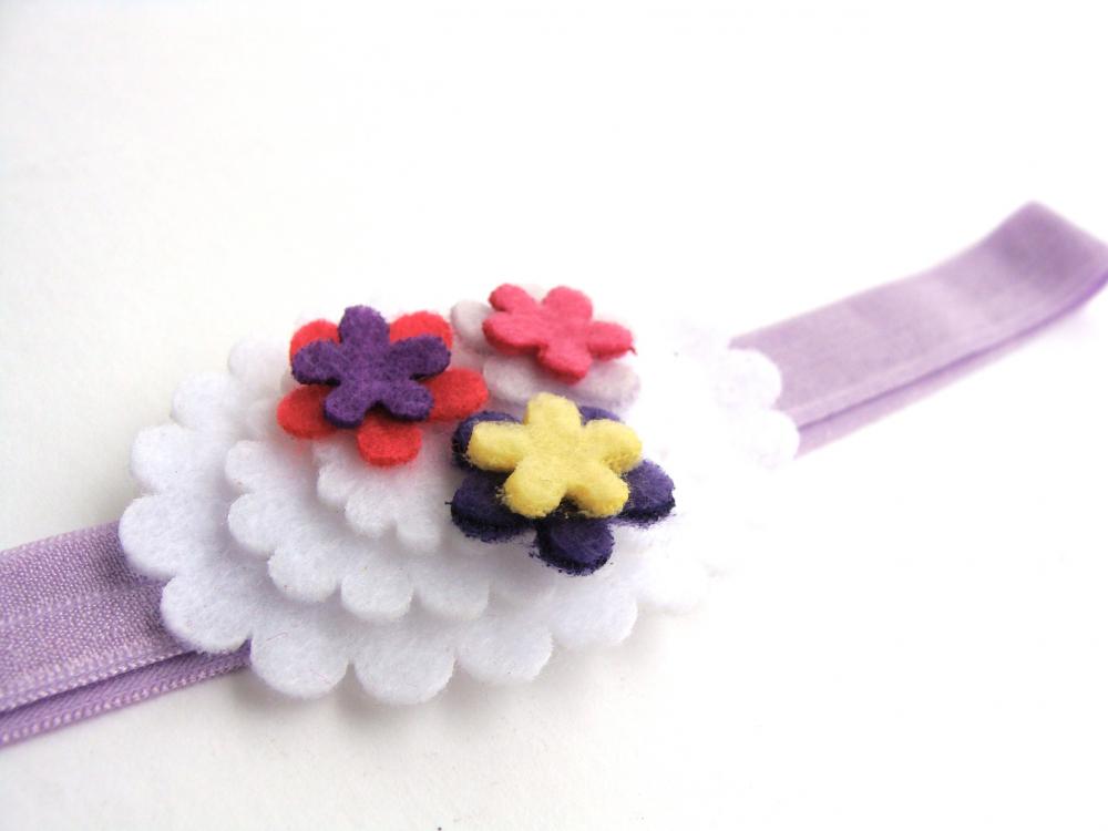 Big Girl Elastic Headband With Large Oval Applique And Tiny Flowers In Soft Colors