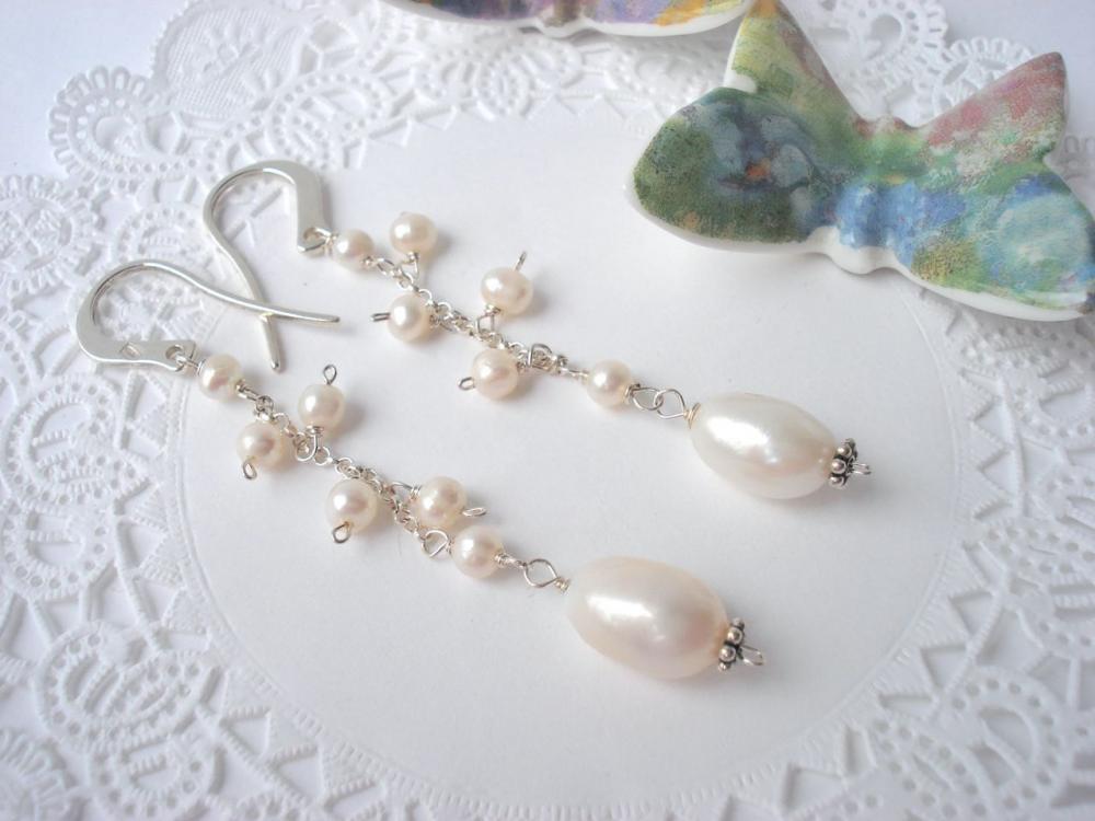 Long White Freshwater Pearl Earrings With Sterling Silver Chain. on Luulla